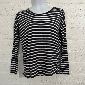 Olive & Oak Womens Top S Blue White Striped Long Sleeve Linen Blend AO16